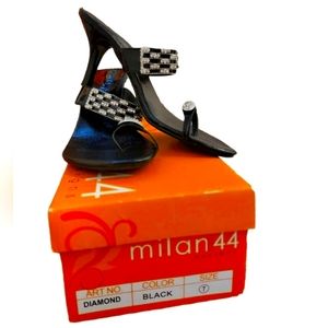 Milan 44 Designs Black Sandals With Low Heel and Rhinestones: Size 7